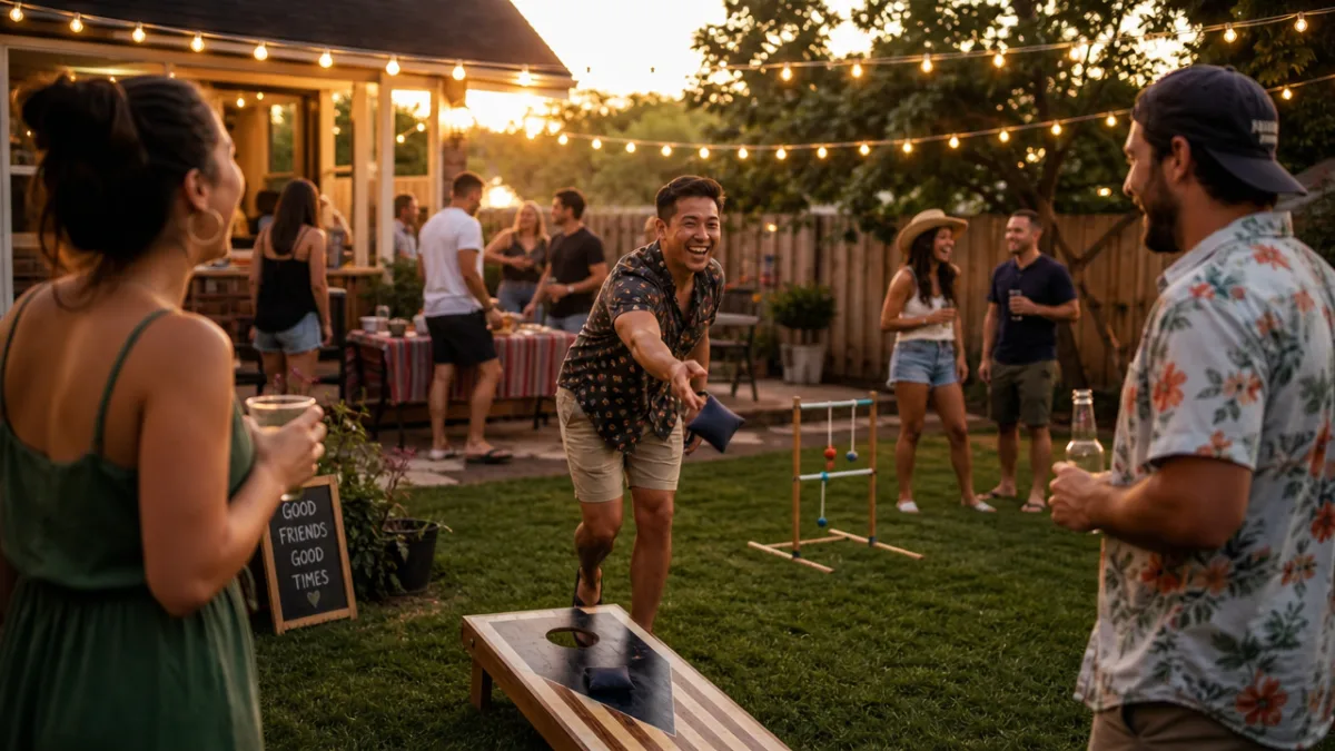 a festive backyard party with string lights, lawn games, and laughing guests…