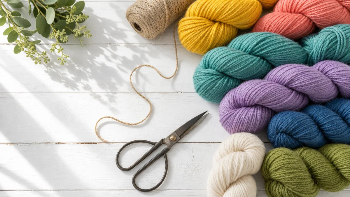 a flat lay of colorful yarn skeins, scissors, and twine on a…