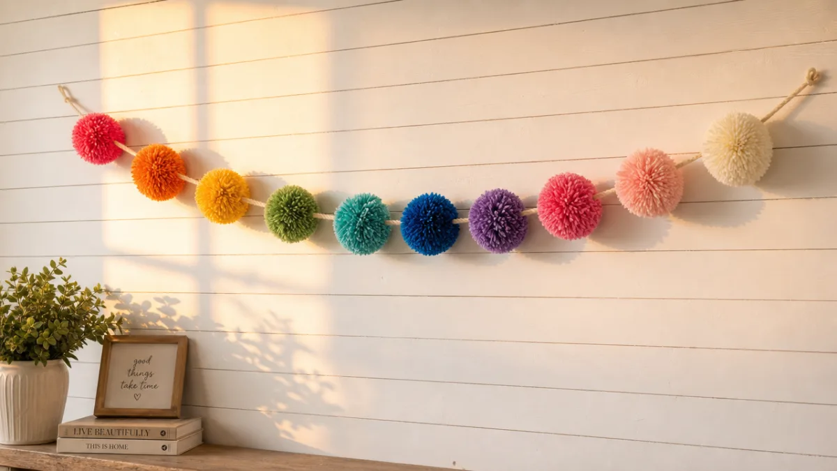 a colorful pom-pom banner hanging across a white shiplap wall, warm golden…