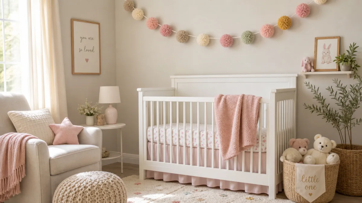 a cozy styled nursery corner with a pastel pom-pom banner above a…