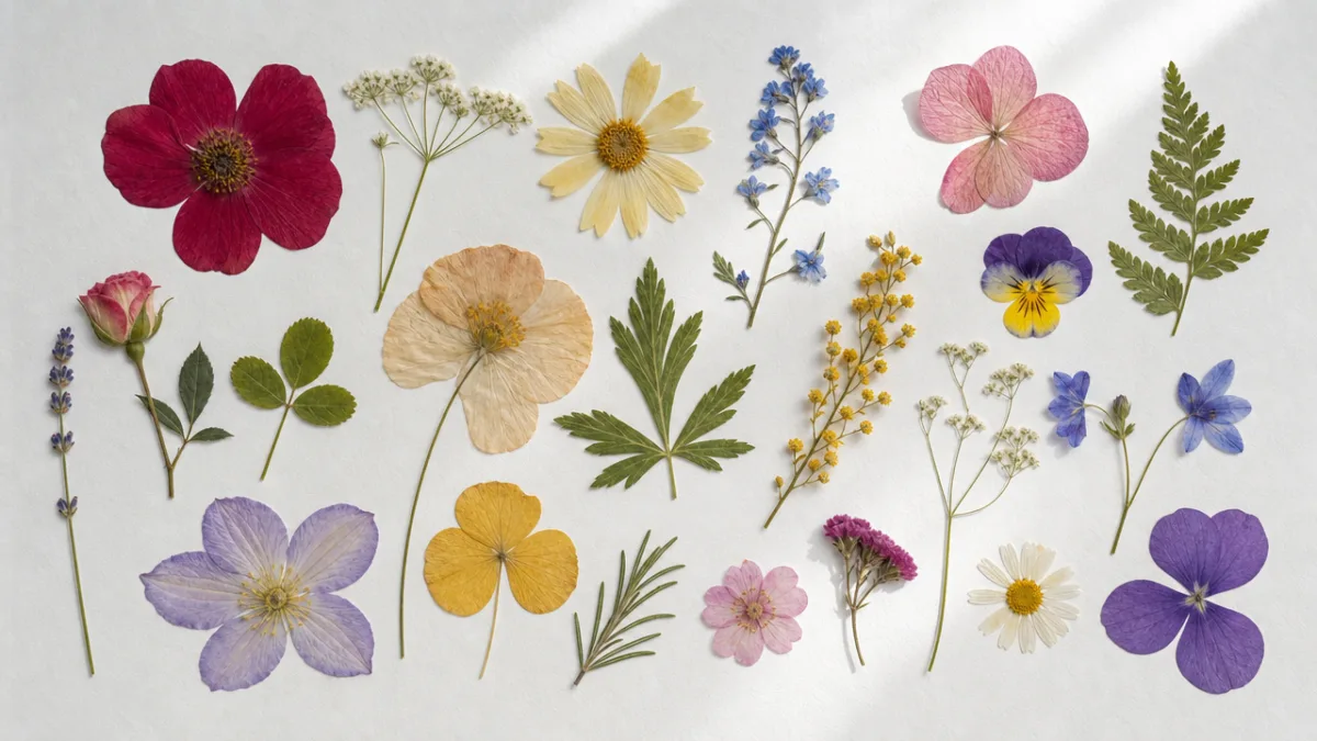 a flat lay of colorful pressed flowers and botanical specimens arranged on…