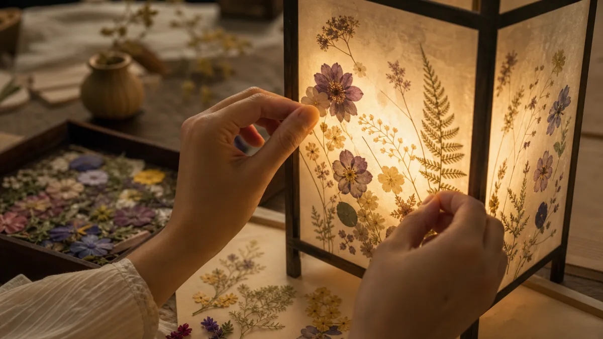 hands carefully placing delicate pressed flowers onto a glowing translucent vellum lantern…