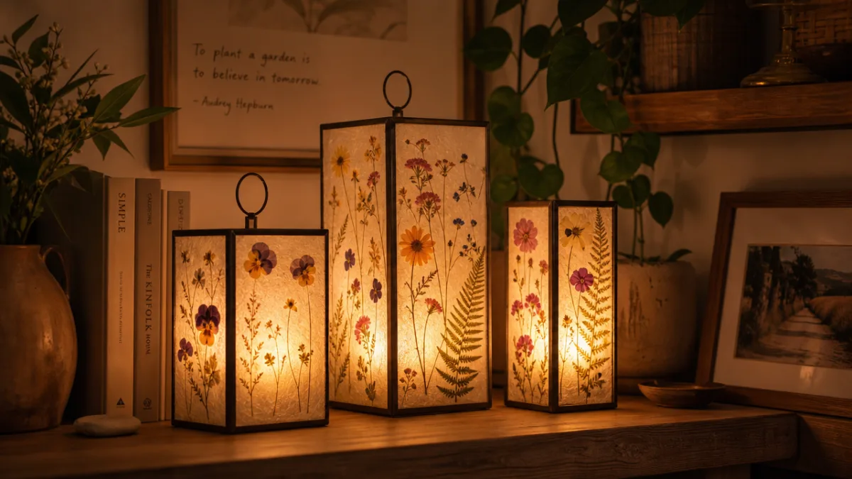 a cozy interior vignette with glowing pressed flower lanterns on a wooden…