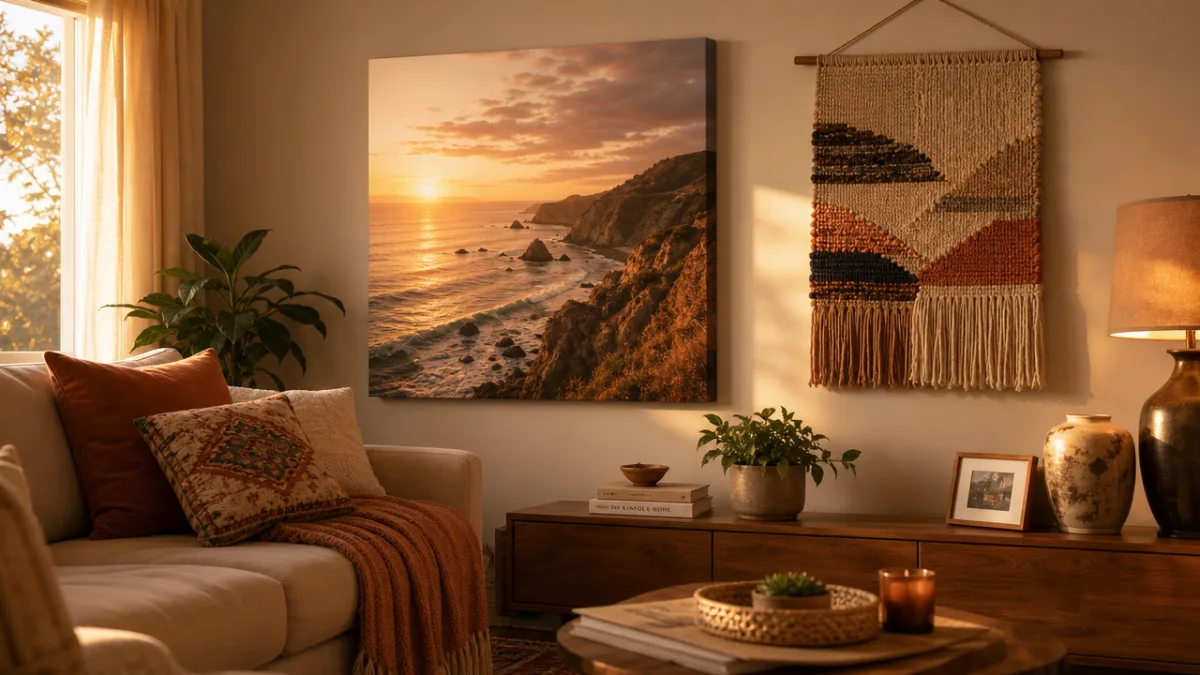 a cozy living room wall displaying a large canvas print beside woven…