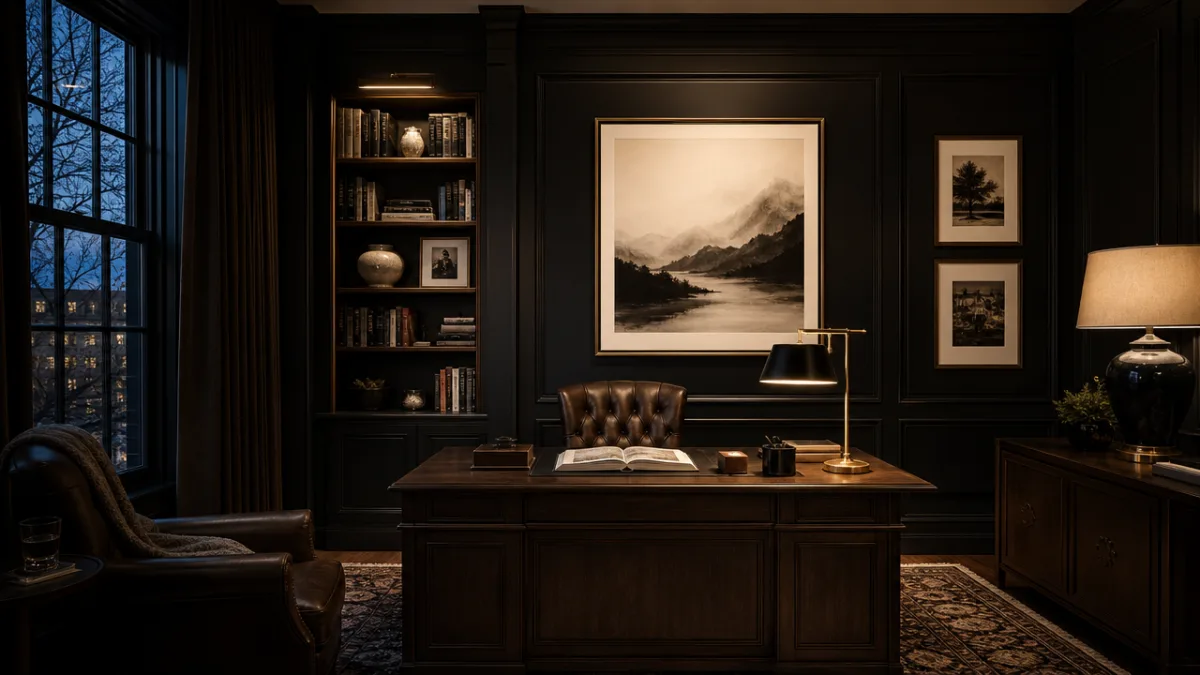 a dramatic dark-walled study with framed art in contrasting light tones, moody…