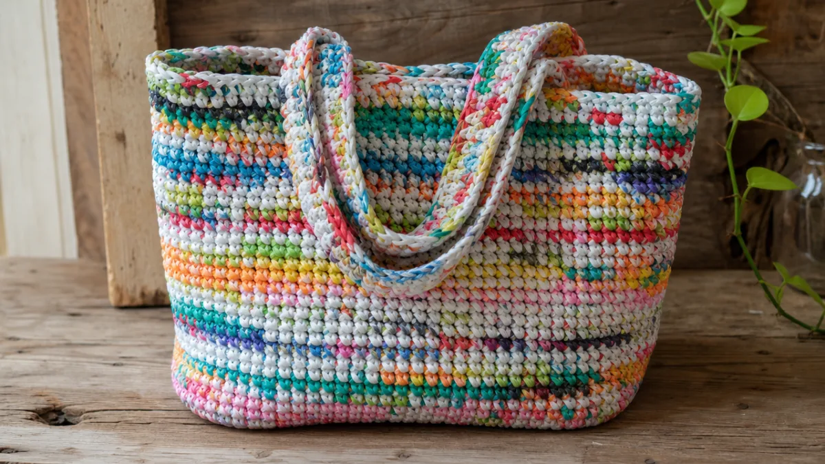 a finished crocheted tote bag made from colorful plastic strips, displayed on…