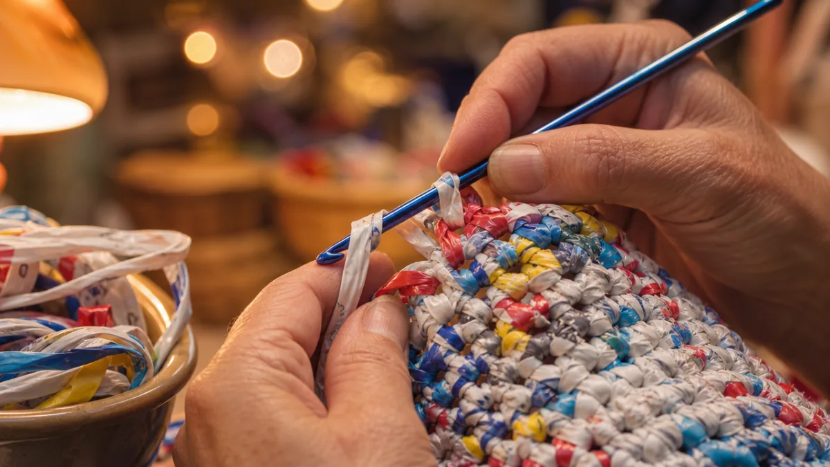a crafter's hands crocheting with colorful plarn strips, close-up detail shot, warm…