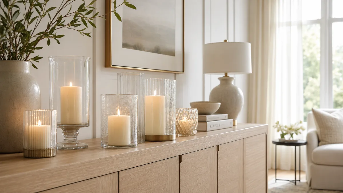 an elegantly styled living room sideboard with grouped cream pillar candles in…