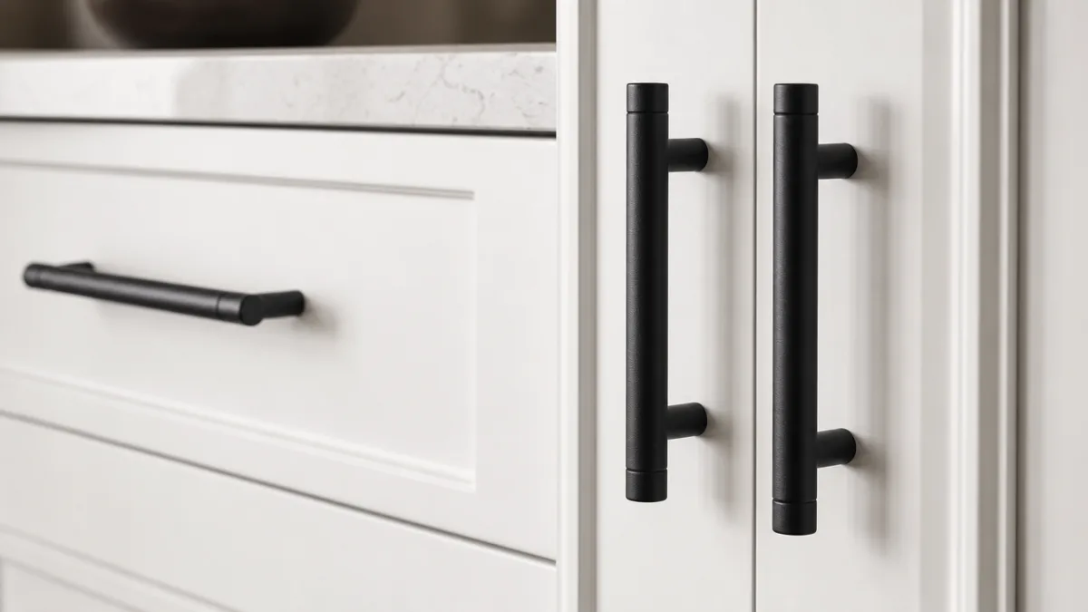 a close-up of elegant matte black cabinet hardware on white kitchen cabinets,…