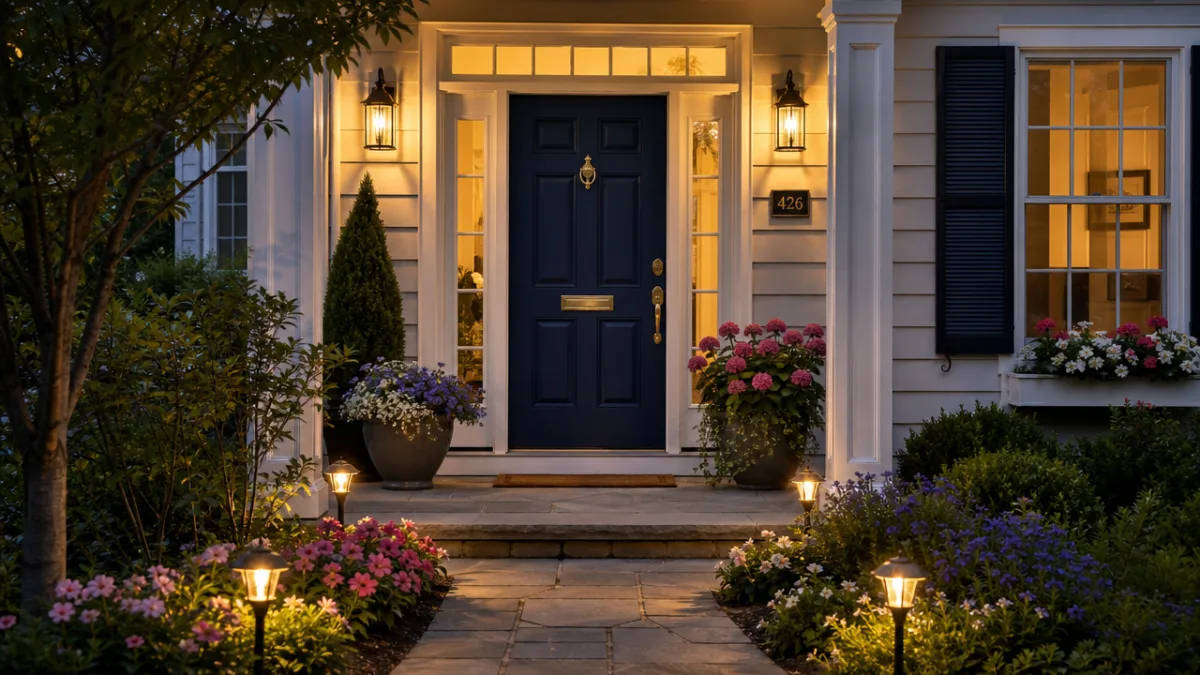 a charming home front entrance at dusk with a freshly painted navy…