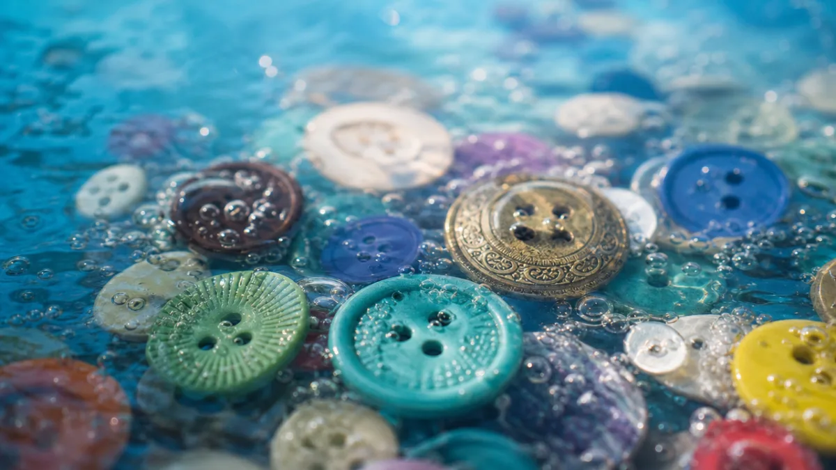 a macro photograph of colorful vintage buttons submerged in clear blue water,…