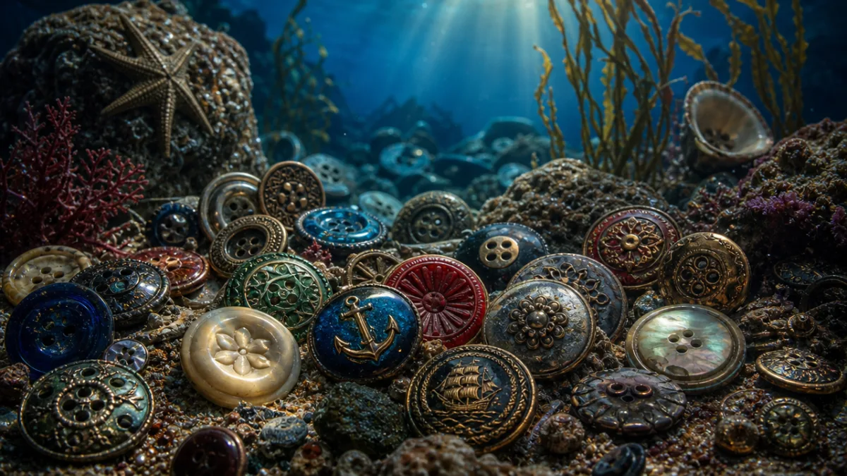 a richly colored arrangement of vintage buttons on an imagined ocean floor,…