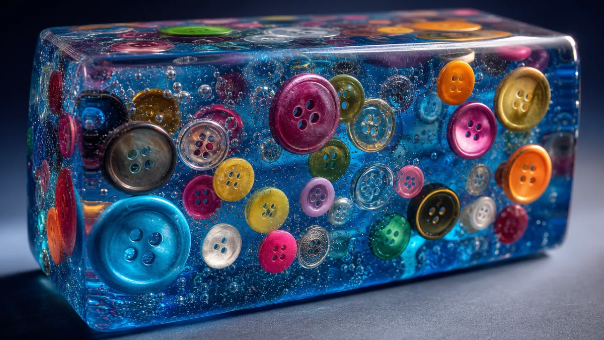 a close-up resin art piece with colorful buttons suspended in clear blue…
