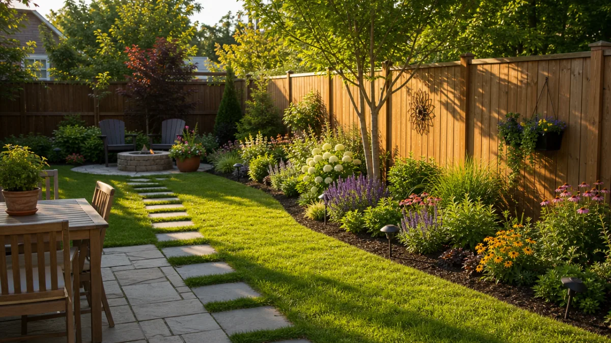 a sunny backyard with a neatly planned garden space beside a wooden…