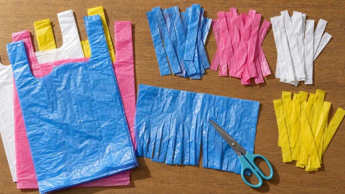 a flat lay of colorful plastic bags being cut into strips on…