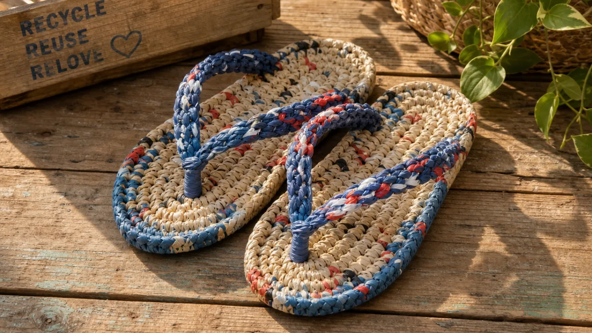 a pair of handcrafted plarn sandals displayed on a rustic wooden surface,…
