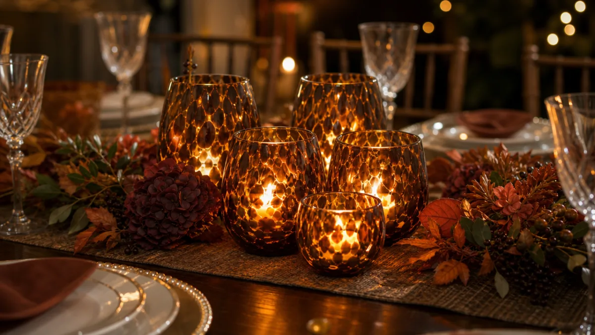 elegant dining table centerpiece with clustered tortoise glass votives glowing warmly, rich…