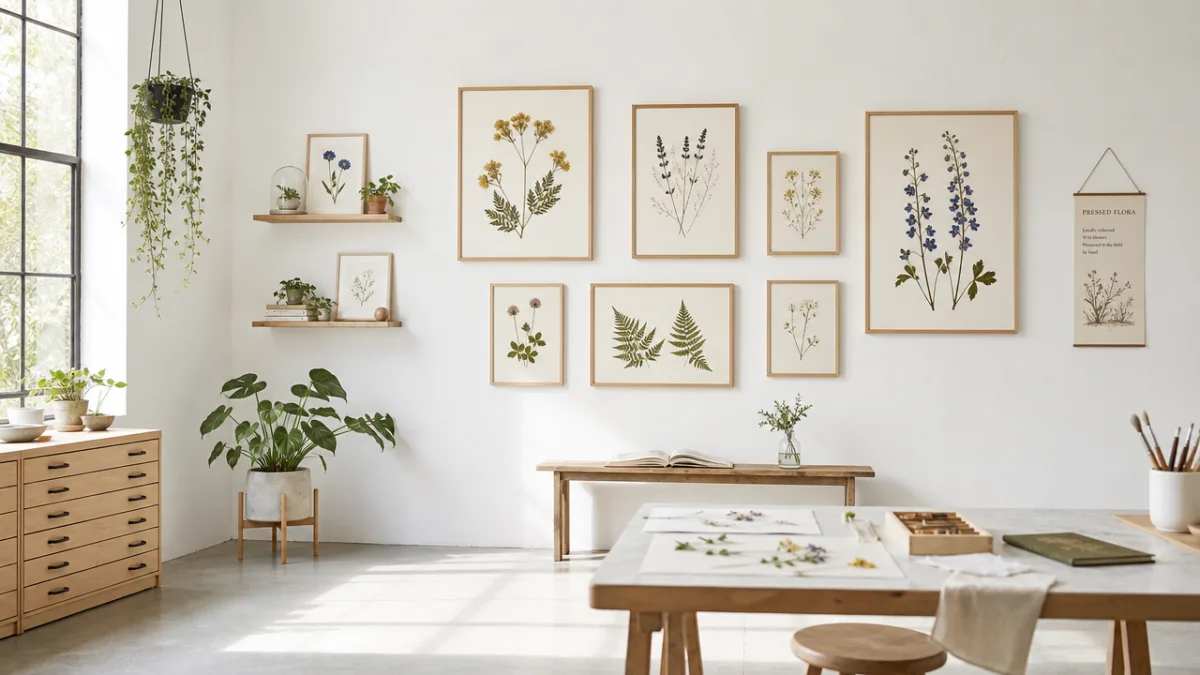 a bright white-walled studio with framed pressed flower botanical art displayed in…