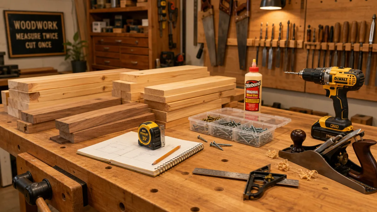 a well-lit wooden workbench covered with lumber boards, screws, and woodworking tools,…