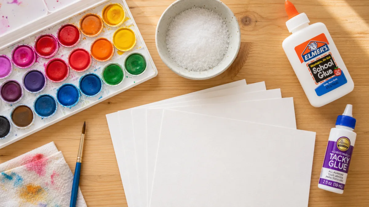 a flat lay of colorful watercolor paints, salt in a bowl, glue…