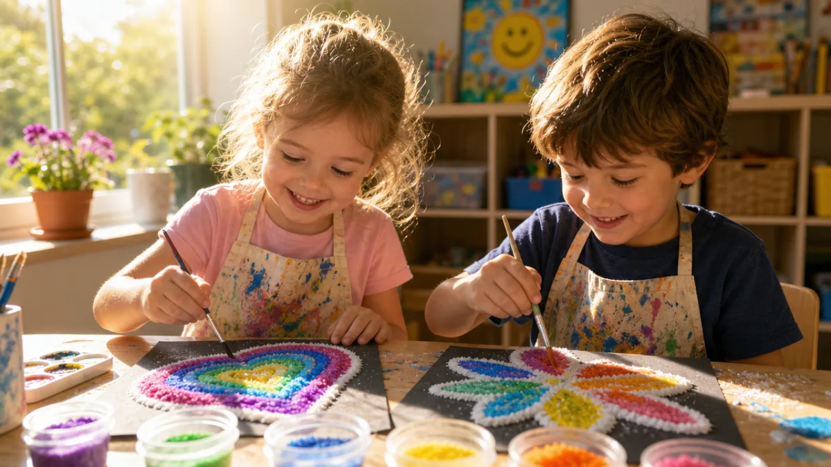 two young children painting colorful salt artwork at a craft table, bright…