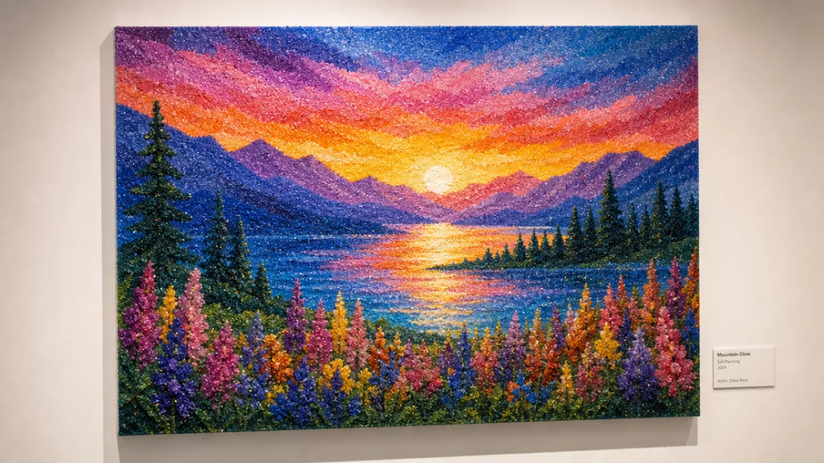 a finished salt painting artwork displayed on a white wall, vibrant colors…