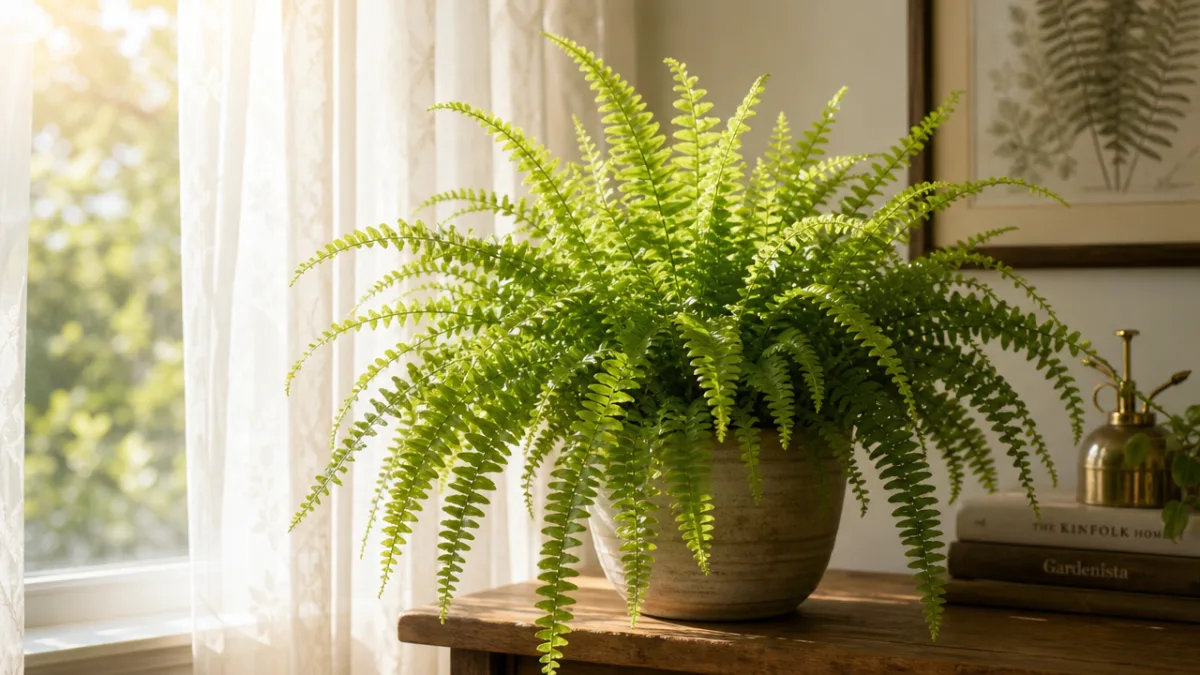 a lush Boston fern placed near a bright window with soft natural…