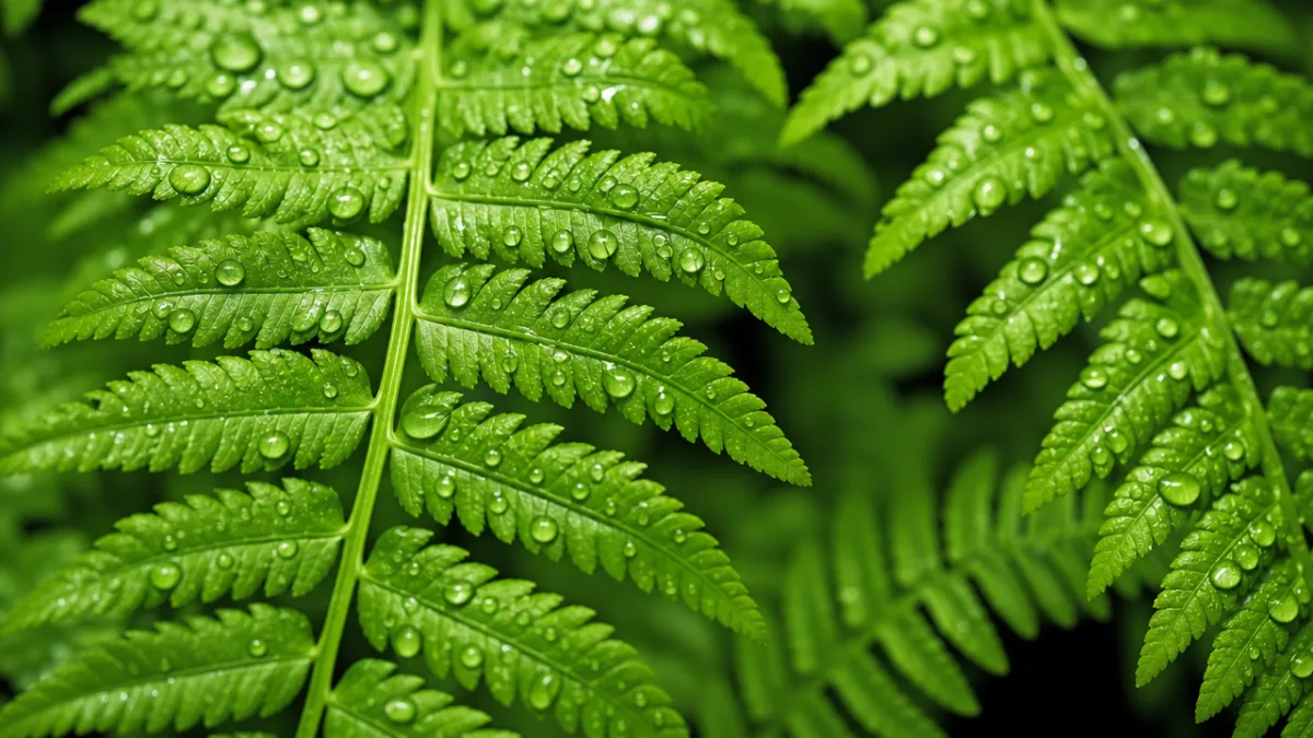 close-up of vibrant green fern fronds with water droplets, soft diffused studio…