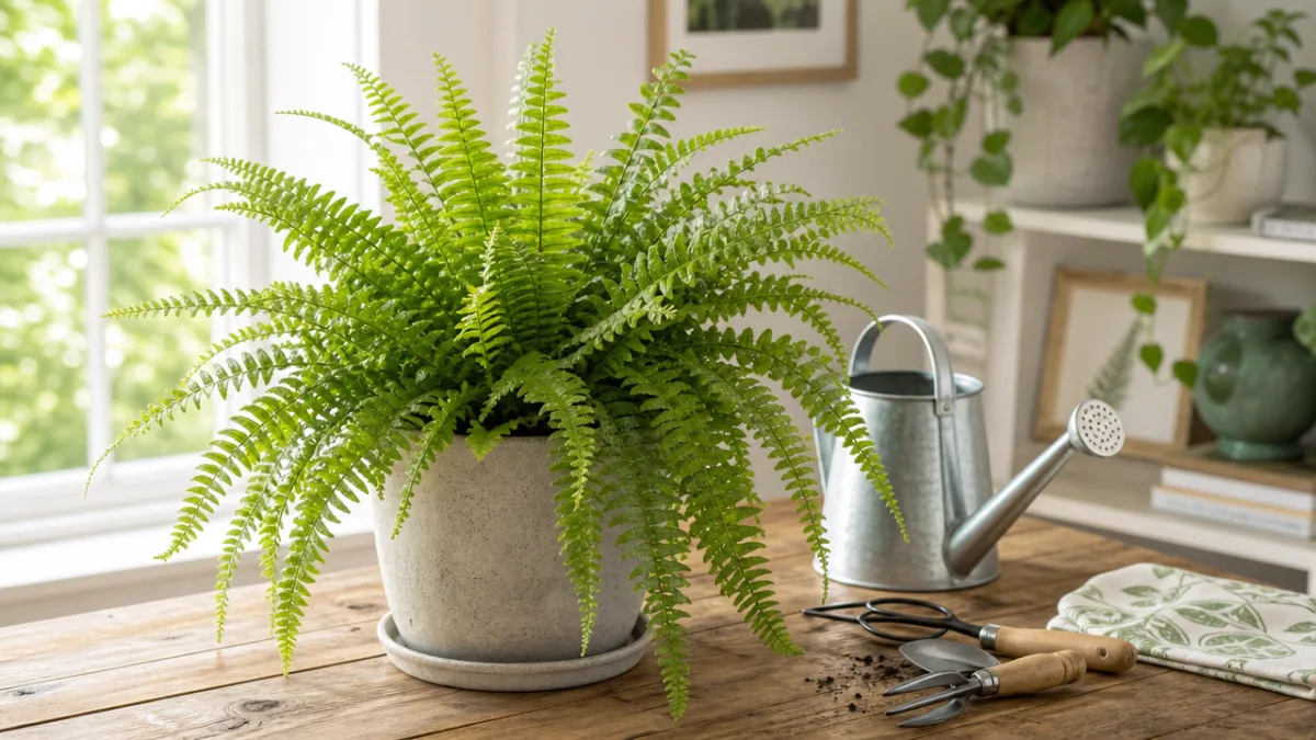 healthy potted fern on a wooden table beside a watering can and…