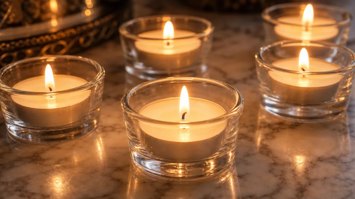 a close-up of several glowing clear cup tealight candles on a marble…