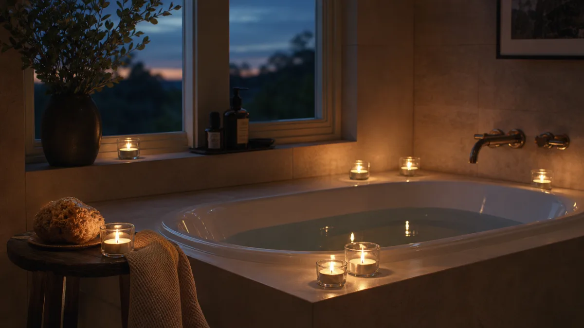 a styled bathroom scene with multiple clear tealight candles around a bathtub,…