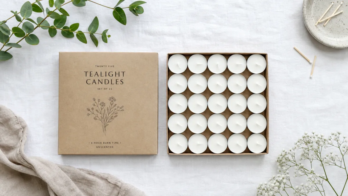 an overhead flat lay of a 25-count tealight candle set arranged neatly…