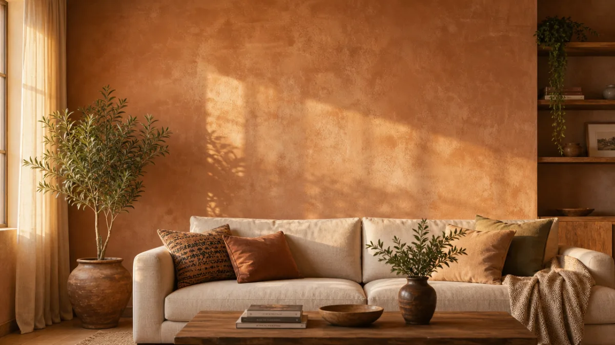 a warmly lit living room accent wall with limewash texture in soft…