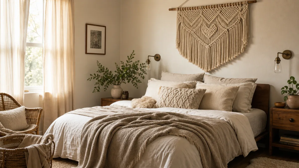a cozy bedroom with handmade macramé wall hanging and layered neutral textiles,…