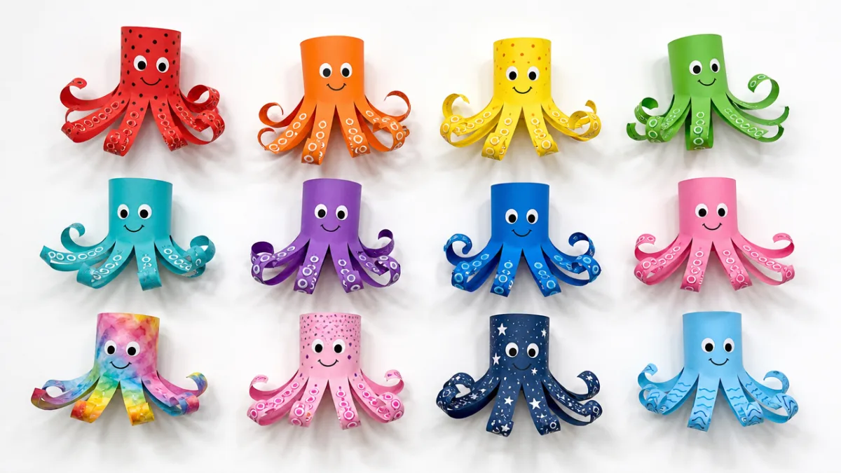 a collection of colorful finished paper octopuses displayed on a white wall…