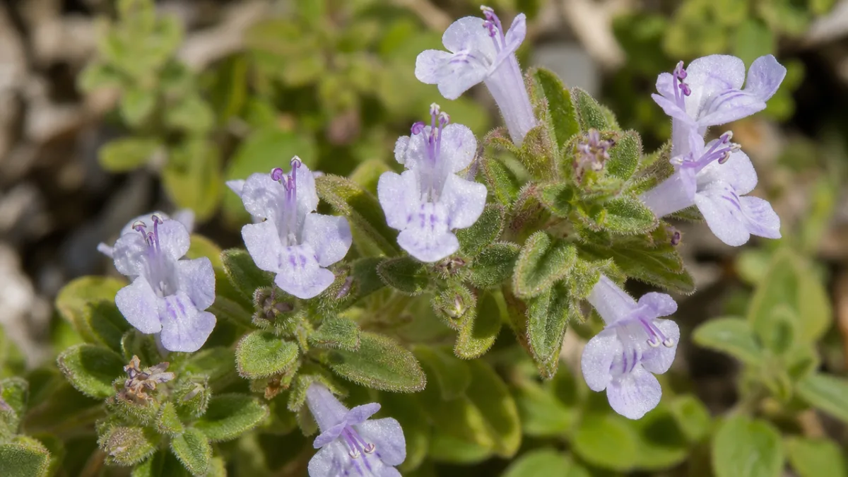 a close-up macro photograph of Micromeria thymifolia flowers and leaves, soft natural…