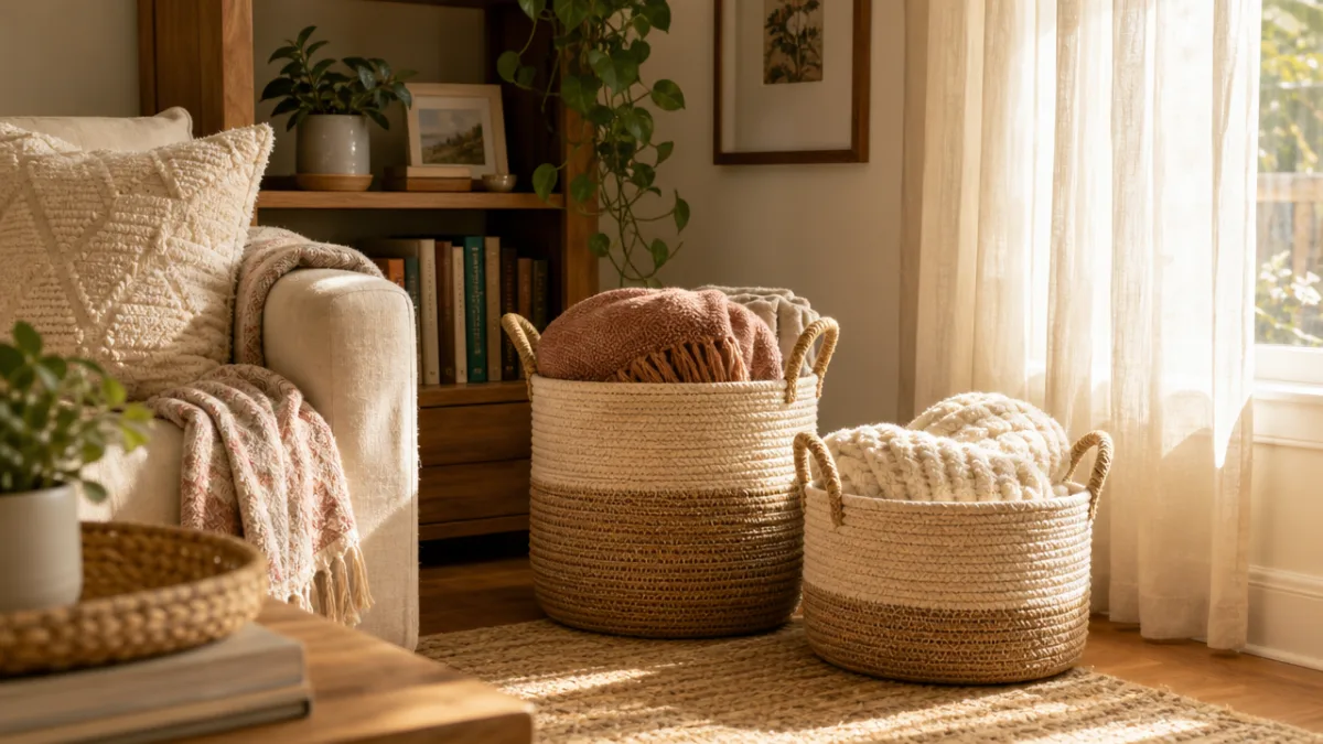 a cozy living room corner with handmade rope baskets holding blankets, warm…