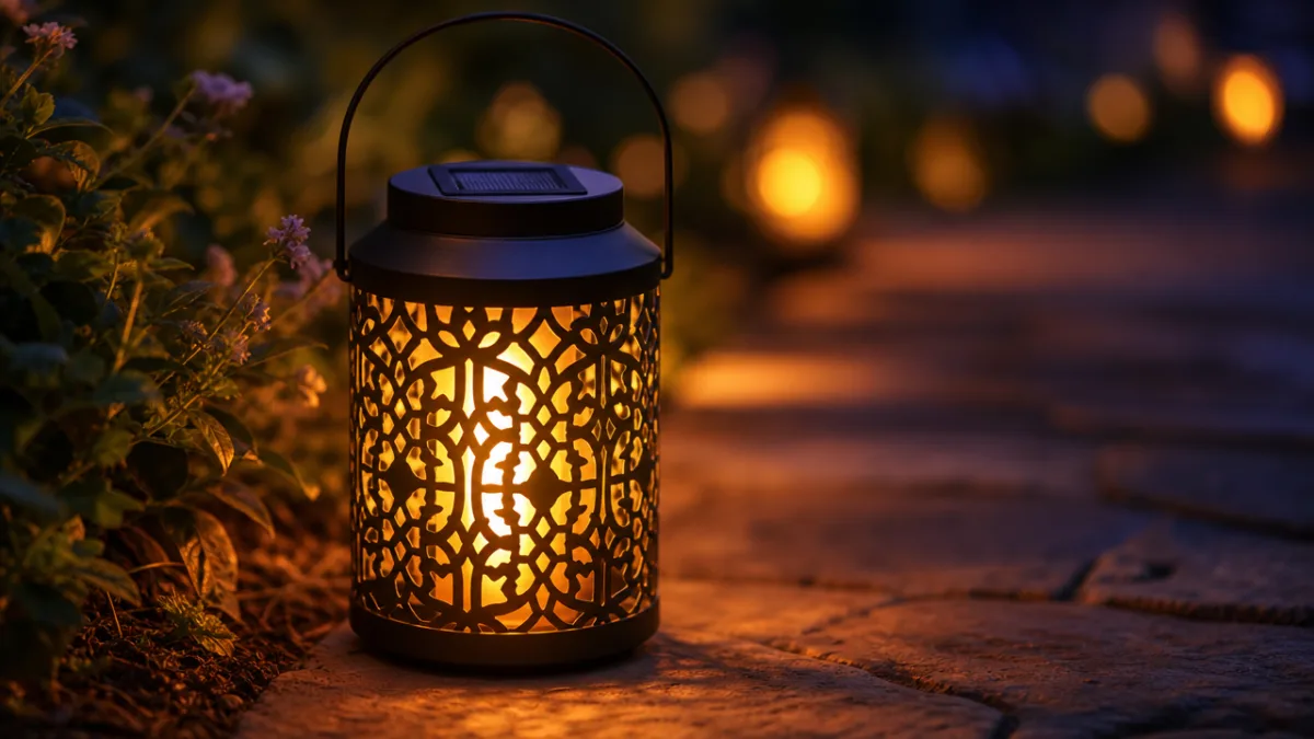 a close-up of a glowing solar candle lantern on a garden path…