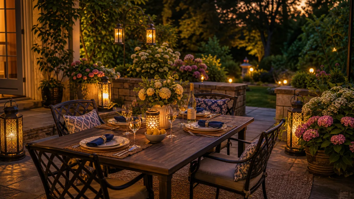 an outdoor patio table set for evening dining surrounded by glowing solar…