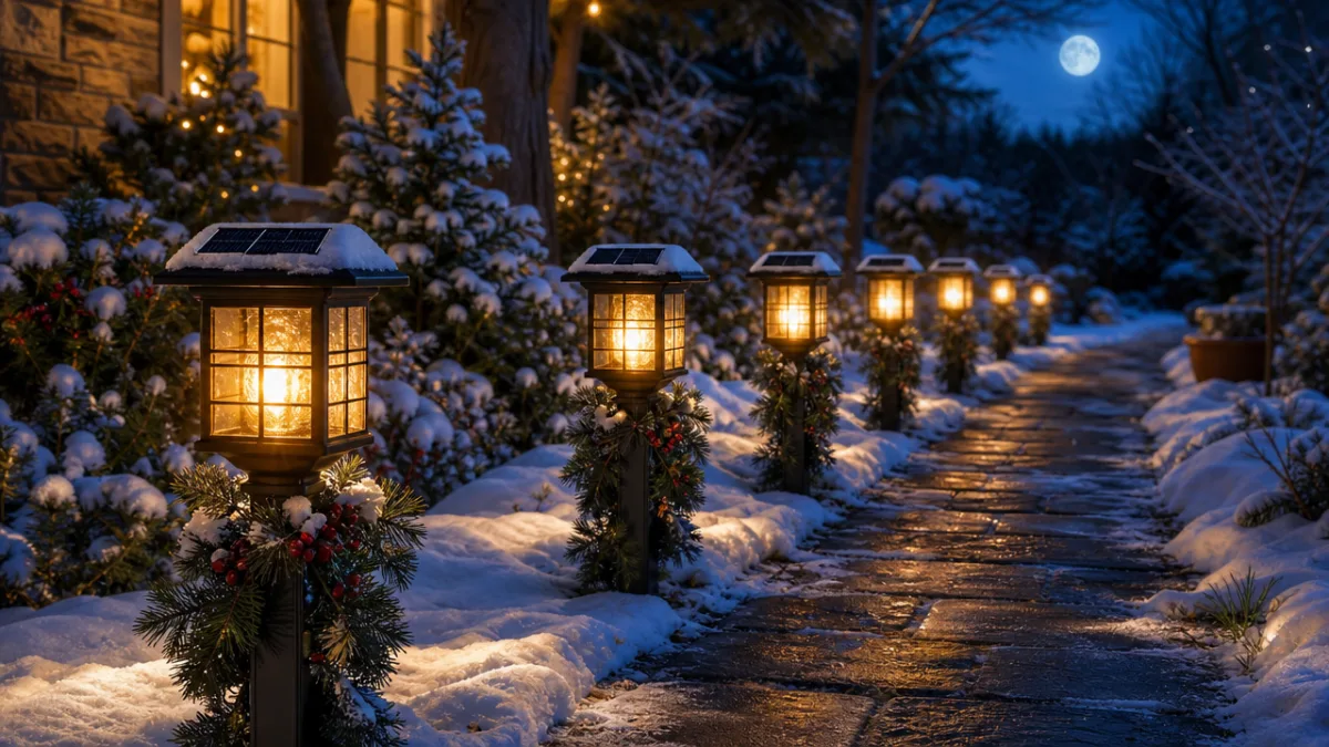a row of glowing solar lanterns lining a snowy garden path at…