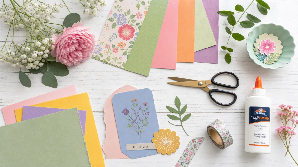 a flat lay of colorful craft papers, scissors, glue, and floral elements…