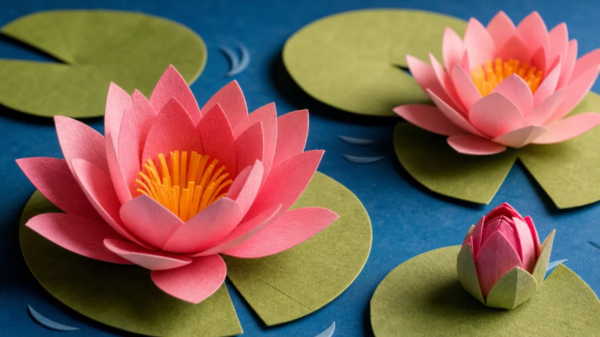a close-up of handcrafted paper lily pads and pink lotus flowers arranged…