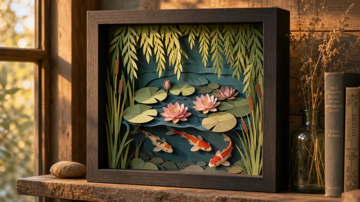 a finished three-dimensional paper pond scene displayed in a shadow box frame…