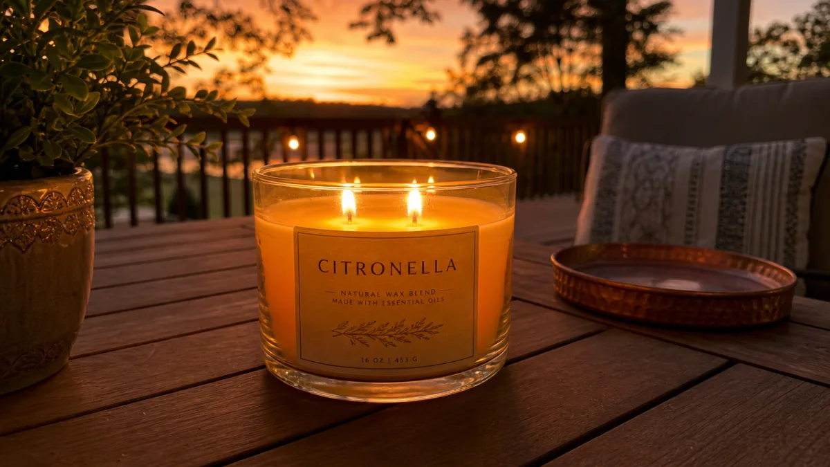 a glowing citronella candle in a wide glass jar on a wooden…
