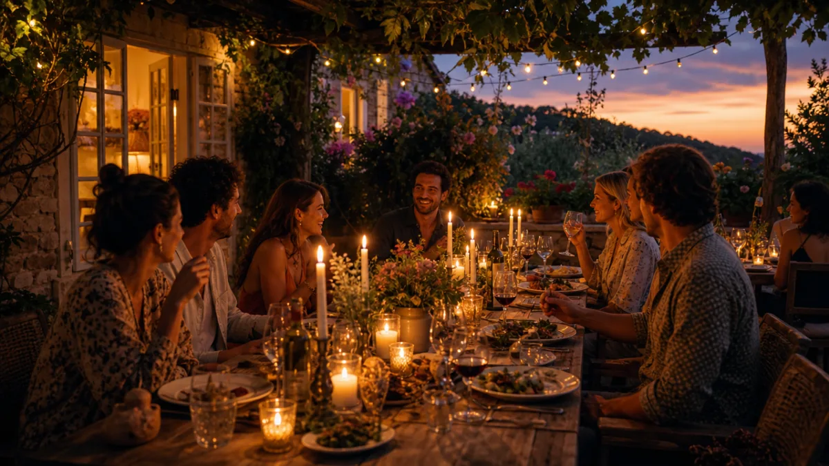 a lush summer patio dinner party at twilight with multiple candles glowing…