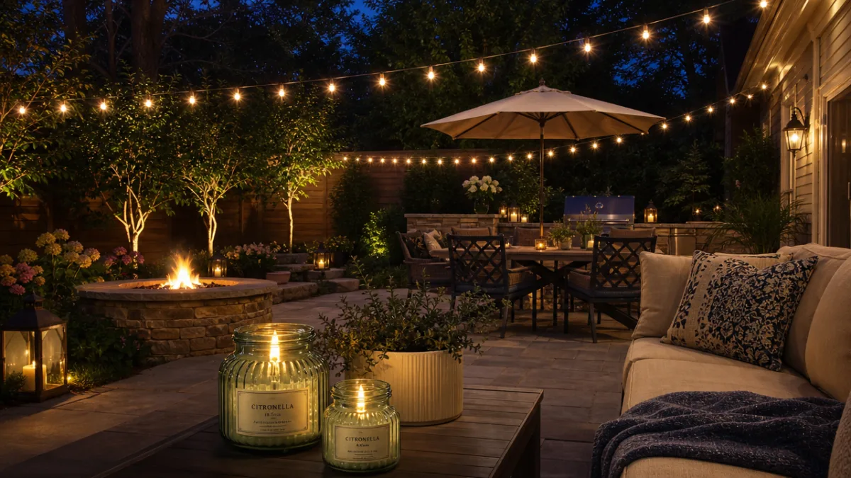 an inviting backyard patio with string lights overhead and citronella candles in…