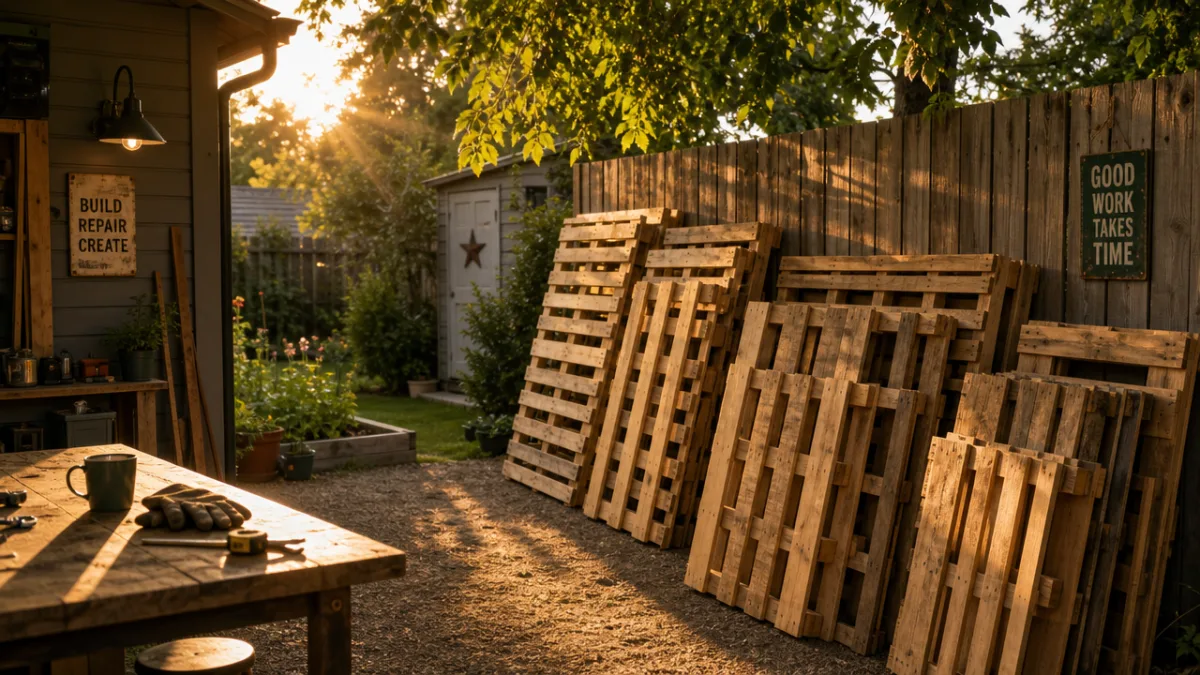 a sunlit backyard workshop with neatly stacked wooden pallets leaning against a…