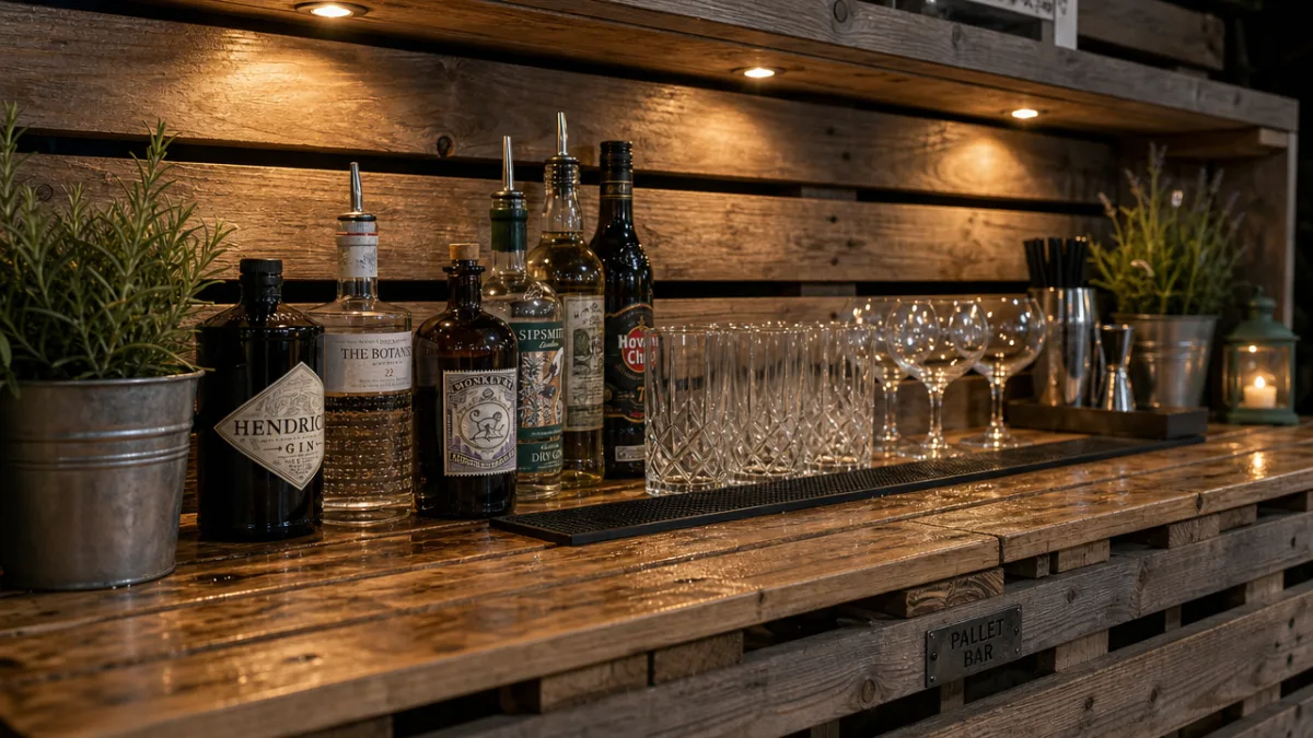 a close-up of a weatherproofed pallet bar surface with bottles and glasses…