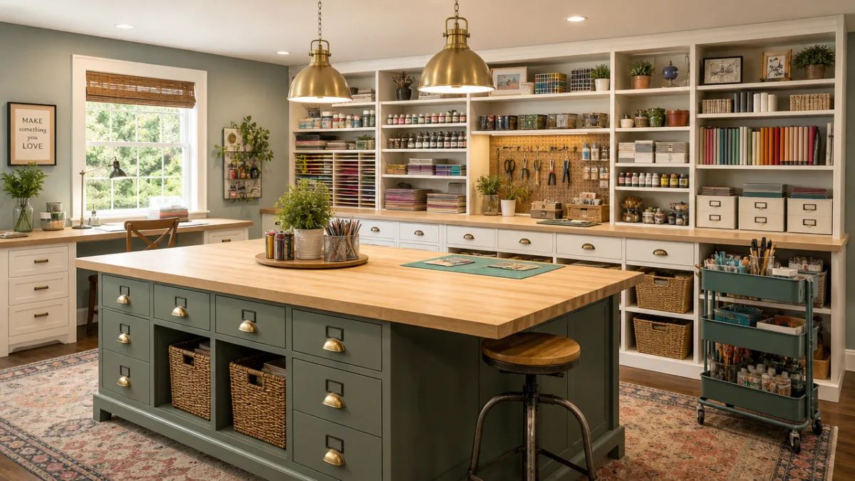 a well-lit craft room with a central island workspace, warm studio lighting…