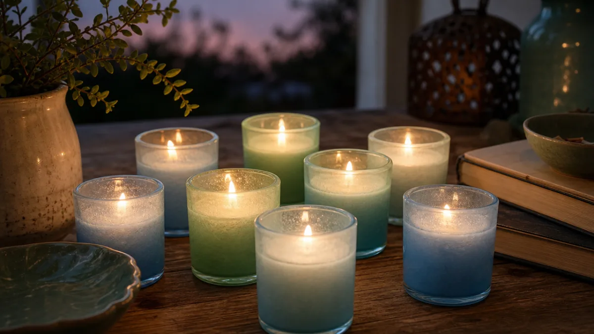 a softly lit wooden table with clustered pastel blue and green votive…